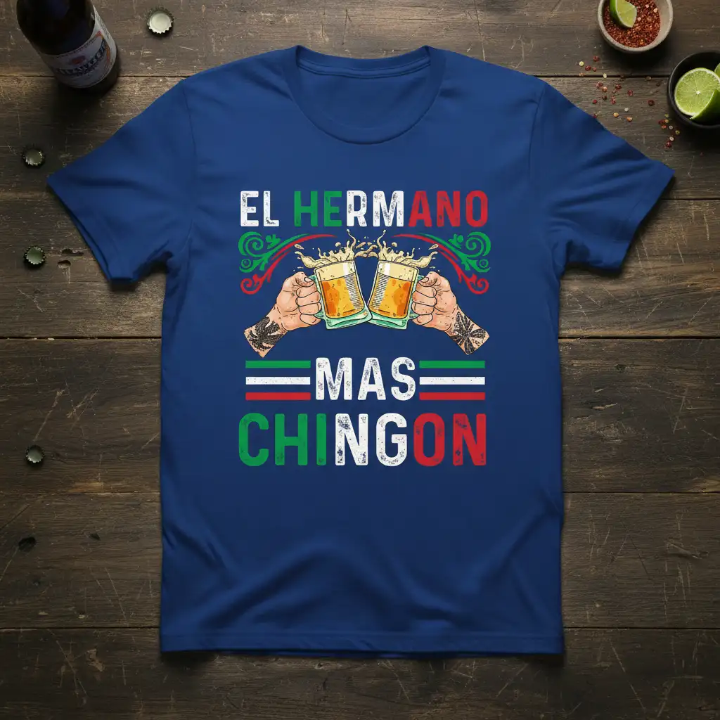 El Hermano Mas Chingon text and graphic design featuring beer mugs and Mexican flag colors