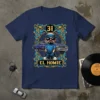 El Homie t-shirt design with a stylized character in front of a vintage lowrider car and ornate border, featuring the