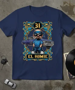 El Homie t-shirt design with a stylized character in front of a vintage lowrider car and ornate border, featuring the