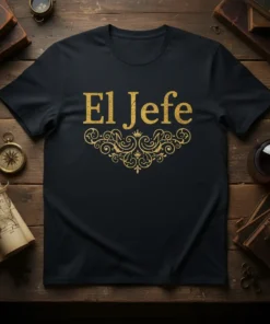 El Jefe Spanish text with ornate gold flourish on a black t-shirt, representing leadership and pride