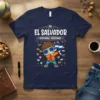 El Salvador Hispanic Heritage t-shirt with a dabbing cartoon boy holding the El Salvador flag surrounded by other flags