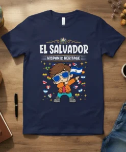 El Salvador Hispanic Heritage t-shirt with a dabbing cartoon boy holding the El Salvador flag surrounded by other flags