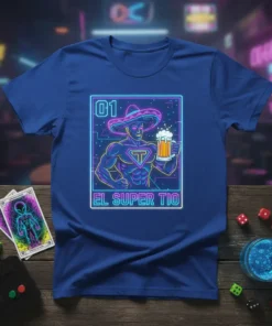 El Super Tio neon design t-shirt featuring a muscular superhero in a sombrero holding a beer, perfect for Mexican uncles