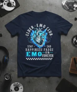 Elder Emo Club Stay Sad Happiness Fades Emo Is Forever T-Shirt with anatomical heart graphic and blue icy accents