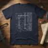 Blueprint illustration of electric guitars with text ELECTRIC GUITAAR STRATOCTER STRATCTER LES PAULS SUPERSTRAT on a navy t-shirt
