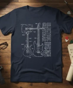 Blueprint illustration of electric guitars with text ELECTRIC GUITAAR STRATOCTER STRATCTER LES PAULS SUPERSTRAT on a navy t-shirt