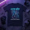 Electric Guitar Pickups Frets & Feedback T-Shirt featuring neon blue and pink cyberpunk graphic design of an electric guitar