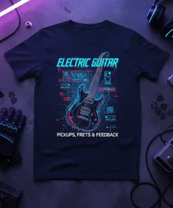 Electric Guitar Pickups Frets & Feedback T-Shirt featuring neon blue and pink cyberpunk graphic design of an electric guitar