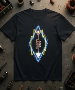 Stylized electrical ground symbol with a coil and neon blue and yellow border, on a black t-shirt
