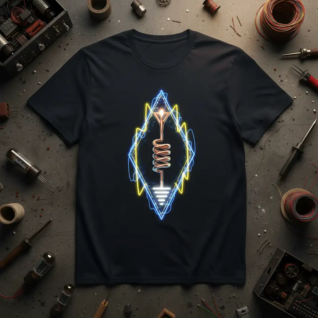 Stylized electrical ground symbol with coil and neon border on a black t-shirt design