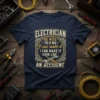 Navy t-shirt with "ELECTRICIAN BE NICE TO ME I can make it I CAN MAKE IT LOOK LIKE AN ACCIDENT"