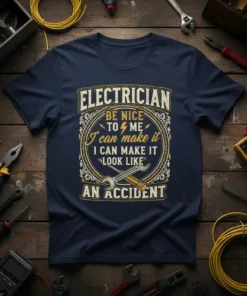 Navy t-shirt with "ELECTRICIAN BE NICE TO ME I can make it I CAN MAKE IT LOOK LIKE AN ACCIDENT"