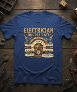 Electrician Hourly Rate Minimum text design featuring detailed typography on quality t-shirt