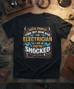Black t-shirt with "When People Find Out How Bad An Electrician I Am They're Shocked" in yellow and blue typography