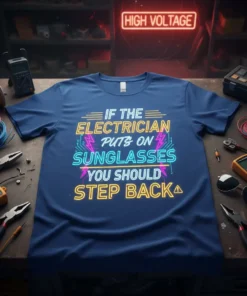 Electrician t-shirt with the quote "IF THE ELECTRICIAN PUTS ON SUNGLASSES YOU SHOULD STEP BACK" in neon-style lettering