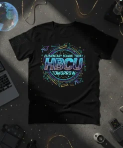 Elementary School Today HBCU Tomorrow t-shirt with neon circuit design and graduation caps