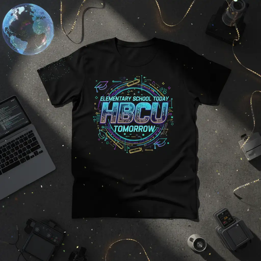 ELEMENTARY SCHOOL TODAY HBCU TOMORROW text with neon circuit graphics on a black t-shirt