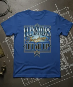 Elevators They Always Lift Me Up quote on a blue t-shirt, featuring retro typography and elevator-themed graphics
