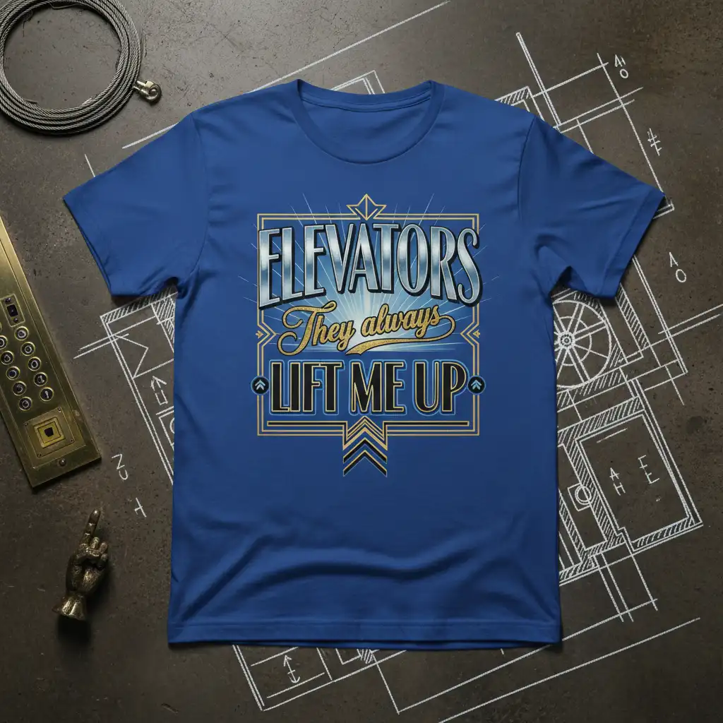 Elevators They Always Lift Me Up quote in bold metallic lettering on a blue t-shirt, with decorative vintage elevator panel accents