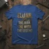 T-shirt design with text "ELIJAH. THE MAN. THE MYTH. THE LEGEND." in gold and silver, featuring gears and a vintage