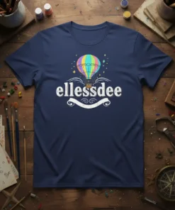 Ellessdee text with a colorful hot air balloon graphic above a decorative banner on a navy blue t-shirt