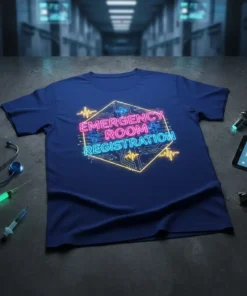 Neon "Emergency Room Registration" text with heartbeat graphic on a navy blue t-shirt