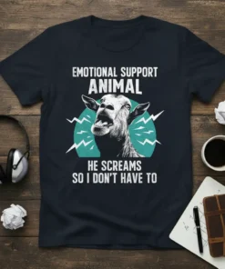 T-shirt with "Emotional Support Animal He Screams So I Don't Have To" text and a screaming goat graphic
