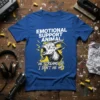 Blue t-shirt with "Emotional Support Animal He Screams So I Don't He Ho" text and a screaming goat graphic