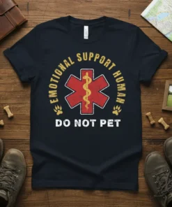 Emotional Support Human Do Not Pet t-shirt with a red Star of Life symbol and paw prints