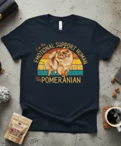 T-shirt with "I'm the Emotional Support Human for my Pomeranian" text and a vintage sunset graphic featuring a fluffy Pomeranian