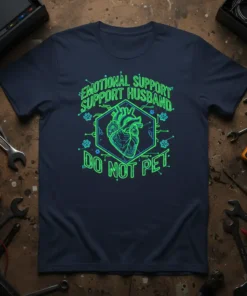 Emotional Support Husband Do Not Pet t-shirt featuring a neon green heart graphic and paw prints