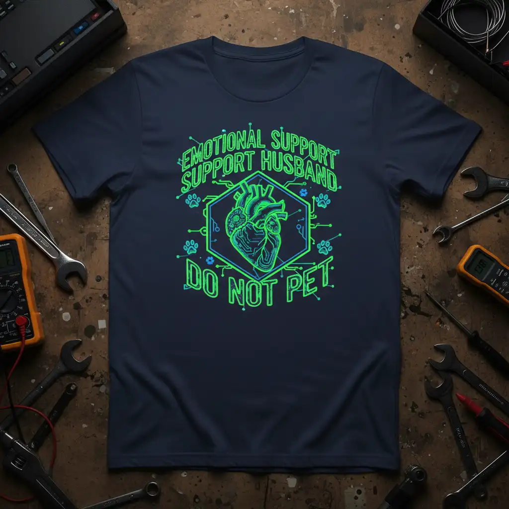Emotional Support Husband Do Not Pet quote t-shirt with neon heart and paw print graphics