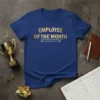 Employee of the Month Runner Up text on a royal blue t-shirt, with decorative arrows, office award theme