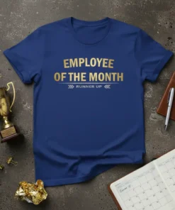Employee of the Month Runner Up text on a royal blue t-shirt, with decorative arrows, office award theme