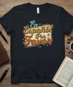 En Español Por Favor text design on a navy t-shirt with vintage retro styling