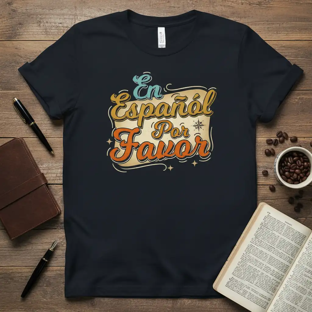 En Español Por Favor text design with retro aesthetic on a navy t-shirt