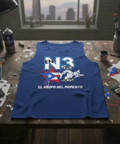 Tank top with bold "EN N3 Y2 DOS TRES" text, Puerto Rican flag graphic, and "EL GRUPO DEL MOMENTO" quote