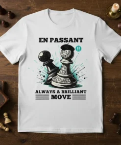 En Passant Always A Brilliant Move chess quote on a white t-shirt with pawn graphics