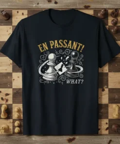 Black t-shirt with "EN PASSANT! WHAT?" text and graphic of chess pawns and a chess board detail