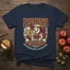 Navy t-shirt with cartoon apple character holding a mug of cider, "Dickens Cider" text, and "END EACH DAY WITH A