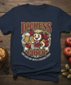 Navy t-shirt with cartoon apple character holding a mug of cider, "Dickens Cider" text, and "END EACH DAY WITH A