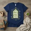 Navy blue t-shirt with "END HOMELESSNESS HOUSE, Inc. PREVENTING HOMELESSNESS" text inside a green house graphic, surrounded by floral and