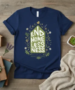 Navy blue t-shirt with "END HOMELESSNESS HOUSE, Inc. PREVENTING HOMELESSNESS" text inside a green house graphic, surrounded by floral and