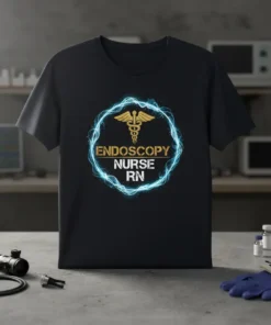 Endoscopy Nurse RN t-shirt with gold Caduceus symbol and blue energy circle