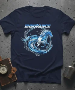Endurance t-shirt design with a blue water horse and lightning bolt inside a geometric frame