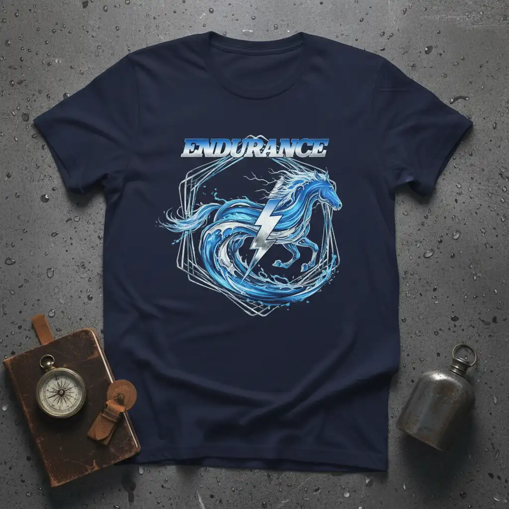 Endurance t-shirt design featuring a powerful blue water horse with a lightning bolt symbol