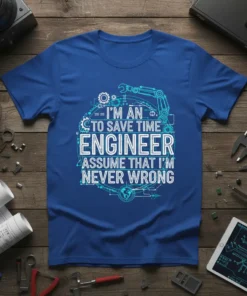 Blue t-shirt with white and light blue text "I'm An Engineer To Save Time Assume That I'm Never Wrong" and