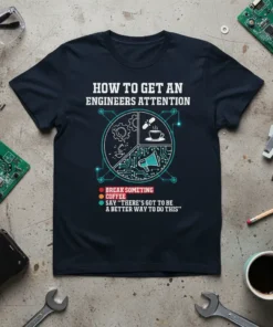 Navy t-shirt with "How to Get an Engineers Attention" pie chart design listing break something, coffee, and suggesting a better