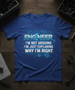 Engineer t-shirt with the quote "I'm Not Arguing I'm Just Explaining Why I'm Right" in blue circuit board design
