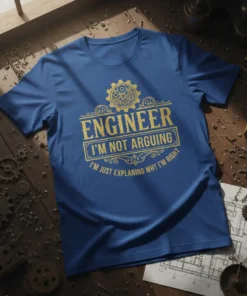 Engineer I'm Not Arguing I'm Just Explaining Why I'm Right quote on a blue t-shirt with gold gear graphic